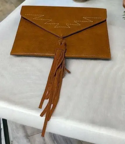 Envelope Clutch Embroidered Detail Leather Tassel Brown