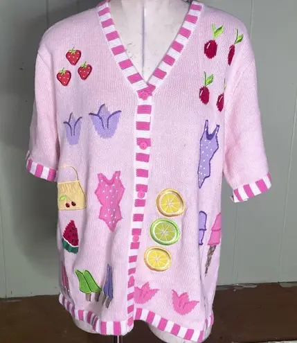 Quacker Factory Summer Days Strawberries Cherry Ice Cream Cardigan L - Image 1