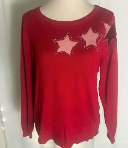 A Love Story Red Sweater XL Rhinestone Sheer Star Detail