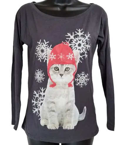 Freeze Grey Kitten in Winter Hat with Snowflakes Long Sleeve Top Size XS Gray