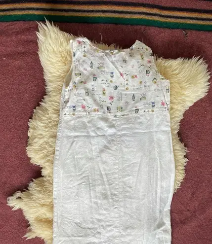 Vintage Linen garden print shift dress natural linen color sleeveless midi Size M