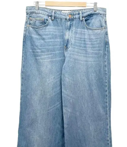 Stradivarius Super Wide Leg High Rise Slouchy Jeans Medium Wash Raw Hem Size 14