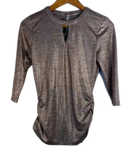 By & By Scrunched Waist Metallic Shimmer Keyhole Neckline Top Size Small Brown