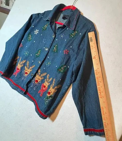 Vtg Lifestyle Jacket Shirt Shacket Christmas Holiday Embroidered Womens Sz XL Blue