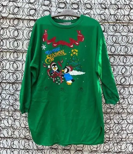 Vintage Ugly Christmas ‘tis the season tunic sweatshirt sleep shirt puff print Green Size L