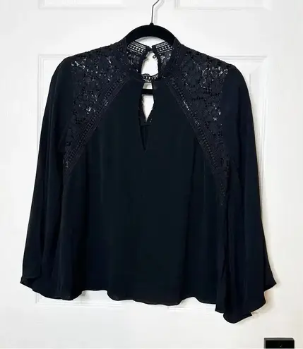 Bardot Women’s US4/XS Black Lace Panel Blouse Bell Sleeves Keyhole Neckline