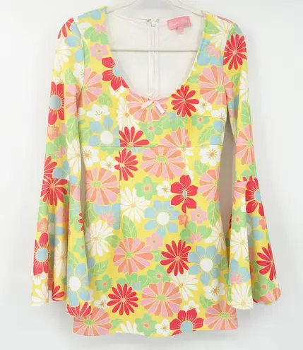 Sugar Thrillz Dolls Kill Retro Groovy Happenings Bell Sleeve Floral Mini Dress S Yellow