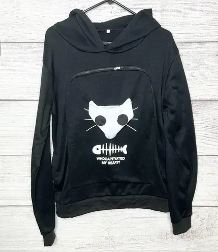 Black Cat Graphic Hoodie Sweatshirt with Cat Carrier Kangaroo Pouch Size XL