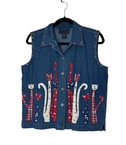 Vintage New Directions Denim Vest Women L Cat Embroidered Patriotic USA July 4th Blue Size L