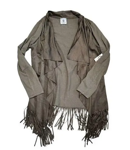 Muche et Muchette tan ultra suede soft knit fringes waterfall cardigan medium