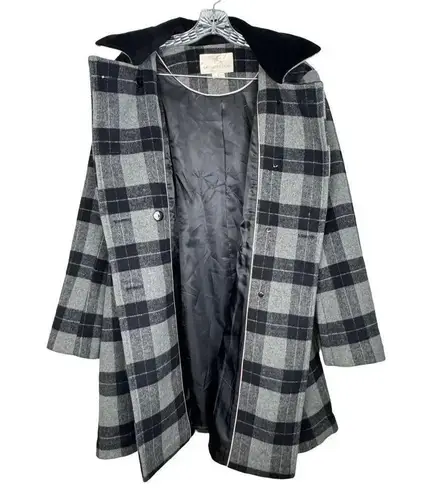 Gal Meets Glam Pea Coat Large Marnette Wool Plaid Velvet Black Double Breasted