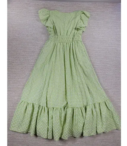 Taylor Gingham Dress Size 4 Green White Check Flounce Hem Slit Lined Cottagecore