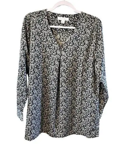 Madison Grey L Satin Top Long Sleeve VNeck Flowy Black/Ivory Floral Print Black Size L