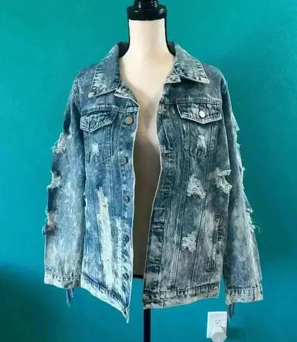 Fantastic Fawn Blue Fringed Western Distressed Denim Jacket Womens Size M