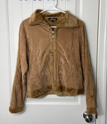 NWOT Effeci women’s light tan brown faux suede fur lined collar full zip jacket Size L
