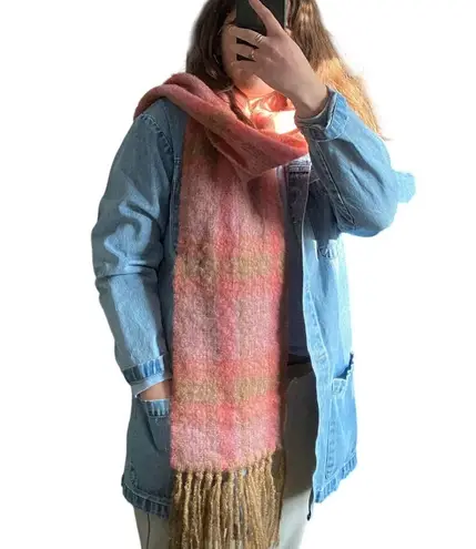 Vintage Mohair Wool Woven Plaid Fringe Pink Scarf Soft Warm Scandigirl Winter