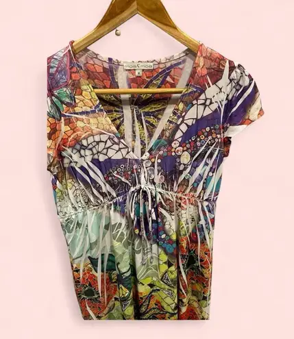 Moa Moa Y2K style babydoll cap sleeve festival dress stretchy kaleidoscope