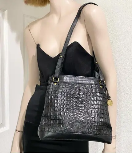 Brahmin Vintage Black Embossed Croc Leather Double Strap Bucket Shoulder Bag