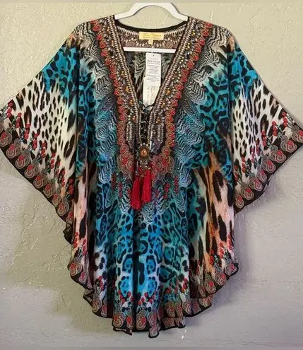 NWT~TRUE COLOURS La Moda Clothing Kaftan w/ Crystals /Beading Swim Cover Up /Top Blue Size undefined
