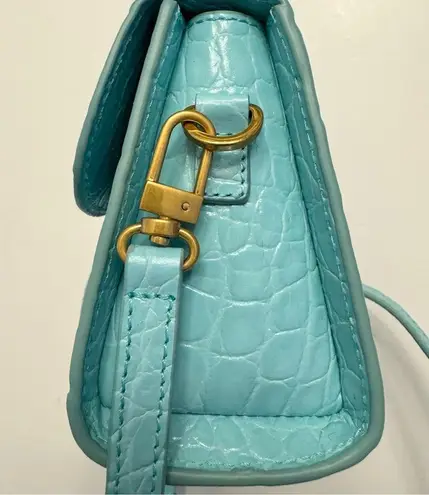 By Far Mini Croco Embossed Top Handle Bag Purse Light Blue Crossbody Leather