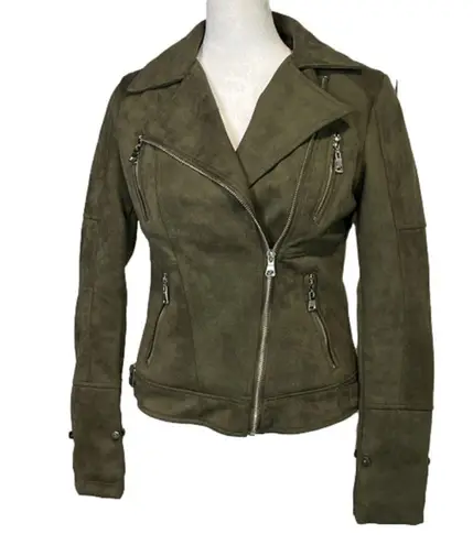Molly Bracken NWOT - olive green suede feel moto coat w/ removable faux fur - XS