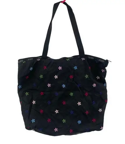 LeSportsac Bag Flower Embroidery Black Zipper Tote Lightweight Travel MultiColor
