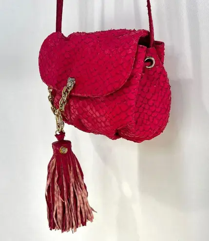 Henri Bendel Small Drawstring Bucket Crossbody Tassel Fish Leather Emboss Pink