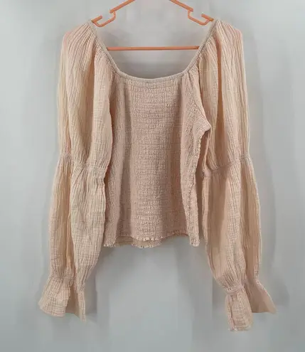 Bobi Blouse Large Smocked Bare Light Peach NWT Long Sleeve 100% Cotton Stretch