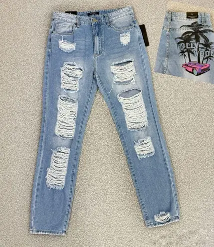 American Bazi  Distressed Boyfriend Jeans Hollywood Graffiti Blue Large