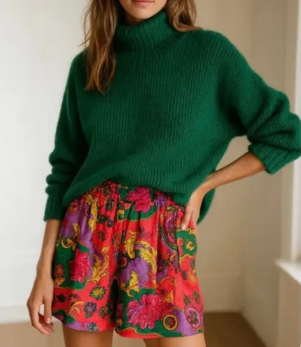 Vintage 90s 100% Silk Baroque Floral Scroll Shorts Rare Statement Piece Small Red