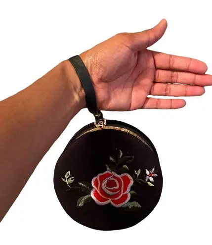 Round Black Floral Purse with Leather Strap