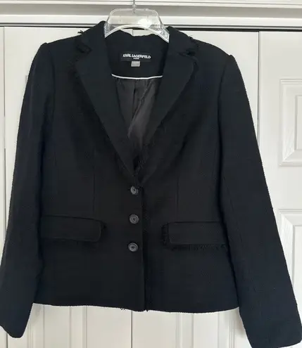 Karl Lagerfeld Paris Women Black Tweed Fringe Blazer Jacket Size 8 NEW