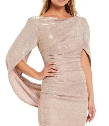 Betsy and Adam Glitter Cape Sleeve Trumpet Gown in Blush/Gold Size US 14W