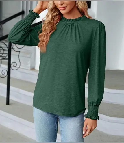 NEW Green Frilled Ruffle Neck Lantern Sleeve Smocked Cuff Blouse Size XL