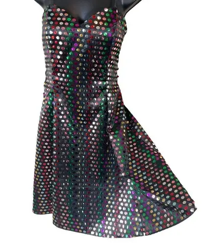 Vintage 80s Nadine Rainbow Swiftie Disco Ball Sequin Strapless Mini Dress Black
