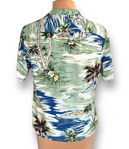 Vintage Kauaiana Top Green Blue Tropical Palm Print Flower Detail Short Sleeve
