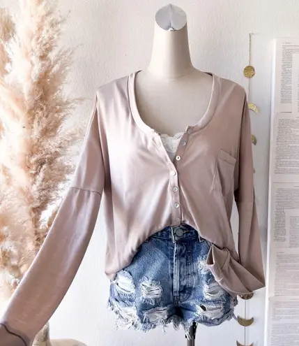 ANGL Taupe Henley Half Button Up Scoop Neck Long Sleeve Top