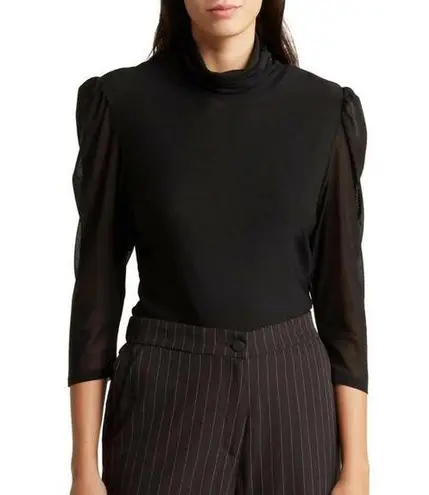 T Tahari  Black Mesh Three Quarter Sleeve Turtleneck Blouse Sz M