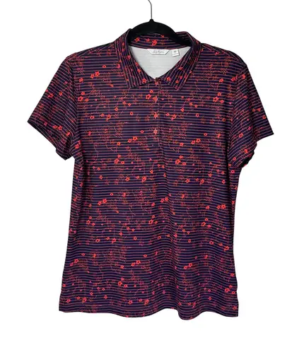 Lady Hagen Women's Medium Floral Golf Polo Shirt Striped Navy Red