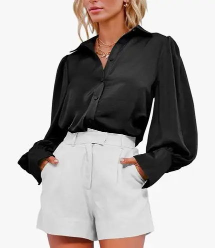 BTFBM Women’s M Black Satin Button Down Shirt Lantern Long Sleeve Office Casual Size M