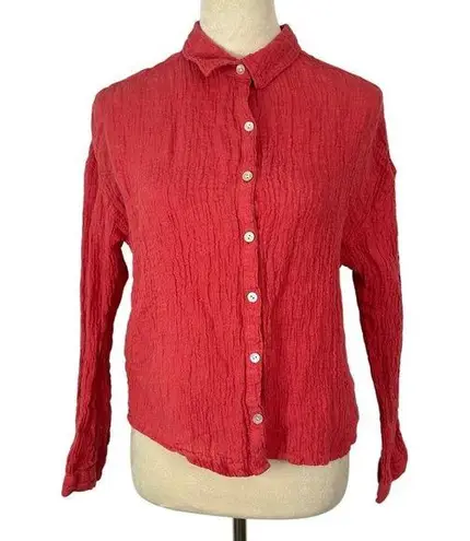 Tahari 100% Linen Button Up Top European Flax Long Sleeve Coral Red Women Medium