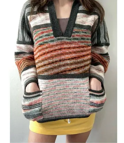 Vintage 70s 80s Kimlon by RBK Acrylic V Neck Sweater Colorful Stripee Abstract S Orange