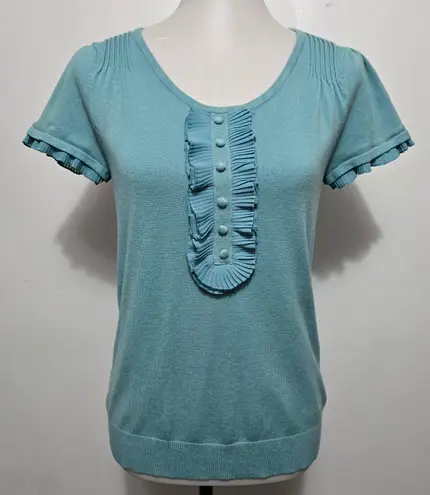 Apt. 9 Medium Blue Ruffle Front Knit Sweater Short Sleeve Casual
