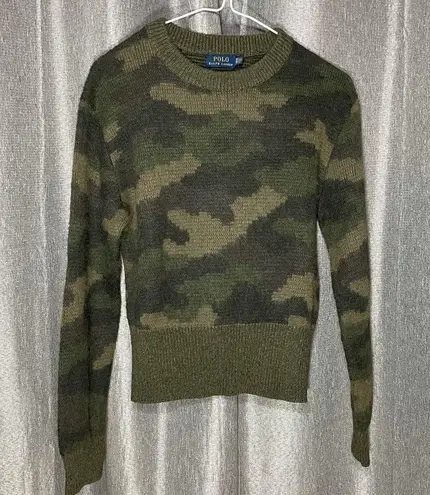 Polo Ralph Lauren Camouflage Print Crew Neck Wool Sweater XS Green