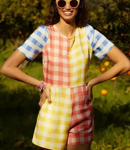 Farm Rio (by Anthropologie) Gingham Colorblock Contrast Romper, Size S