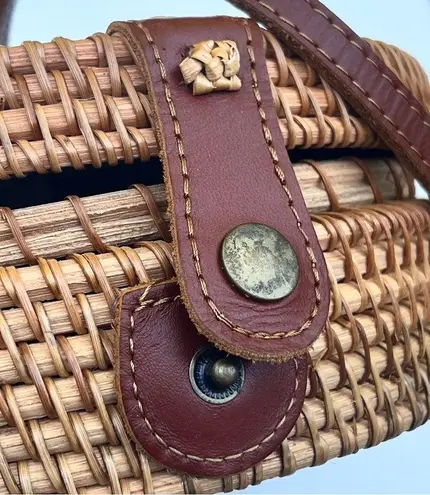 Wicker Brown Round Canteen Style Genuine Leather Strap Boho Style Bag NWT