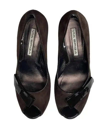 via spiga new β Peep Toe Stiletto Heels Pumps β Chocolate Suede + Patent Leather