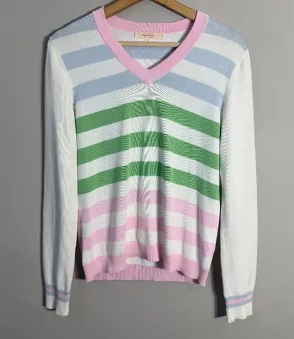 Brooks Brothers Cotton Tennis Striped V-Neck Sweater Pullover Women Medium White