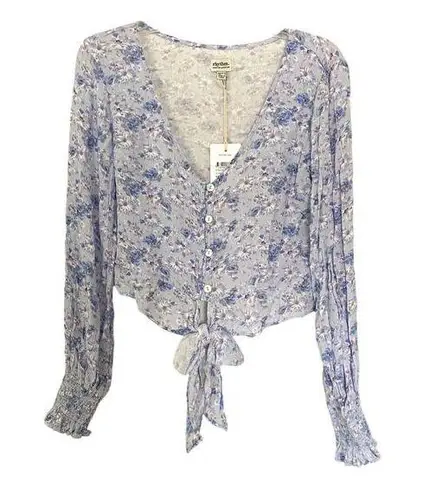 Rhythm Blue Floral Button Tie Front Long Sleeve Blouse Shirt Size Small