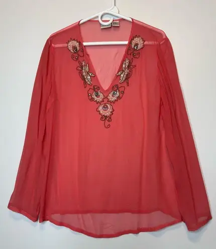 Newport News Sheer Coral Blouse with beaded Embroidery Size 12